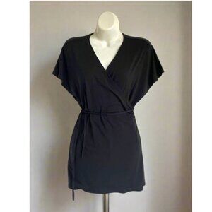 Eileen Fisher Wrap Top Womens Medium Black V-neck Short Sleeve Jersey Boxy